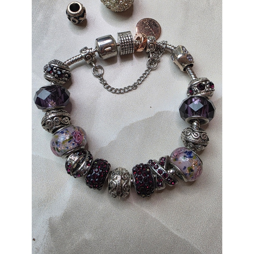 Sterling Silver Charm Bracelet Purple Murano Glass Pave Crystal Beads Yakira 48g - Picture 13 of 16